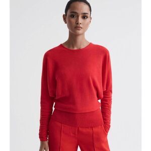 Reiss Lisa Wool Blend Batwing Ruched Sleeve Top Coral Rib Knit Waist Size Medium